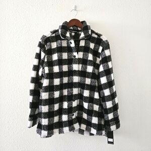 Karl Lagerfeld Paris buffalo plaid teddy shirt jacket size M black white NWT